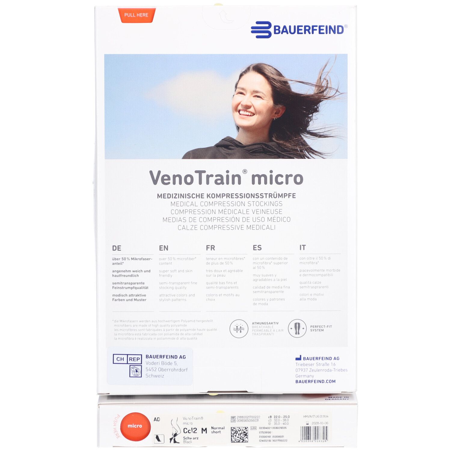 Verpackung von Kompressionsstrümpfen. Marke Bauerfeind, VenoTrain micro. CCL2, Größe M. Rückseite mit Text.