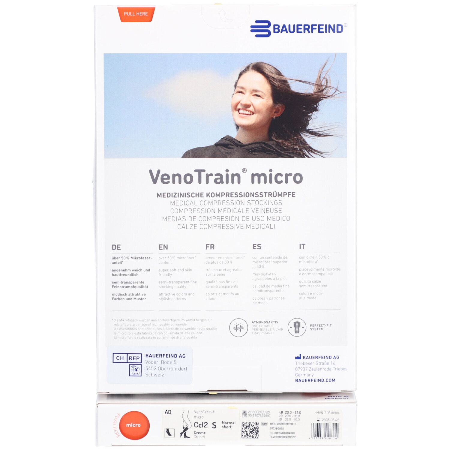 Emballage de bas de compression. Marque Bauerfeind, modèle VenoTrain micro. Informations et inscriptions.