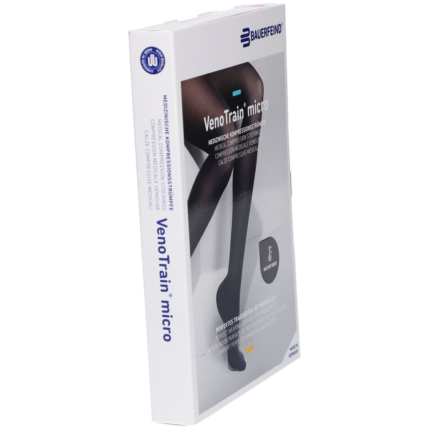 Verpackung mit VenoTrain micro Kompressionsstrümpfen. Marke: BAUERFEIND. Aufschrift: Größe S, CCL2. Farbe: Schwarz.