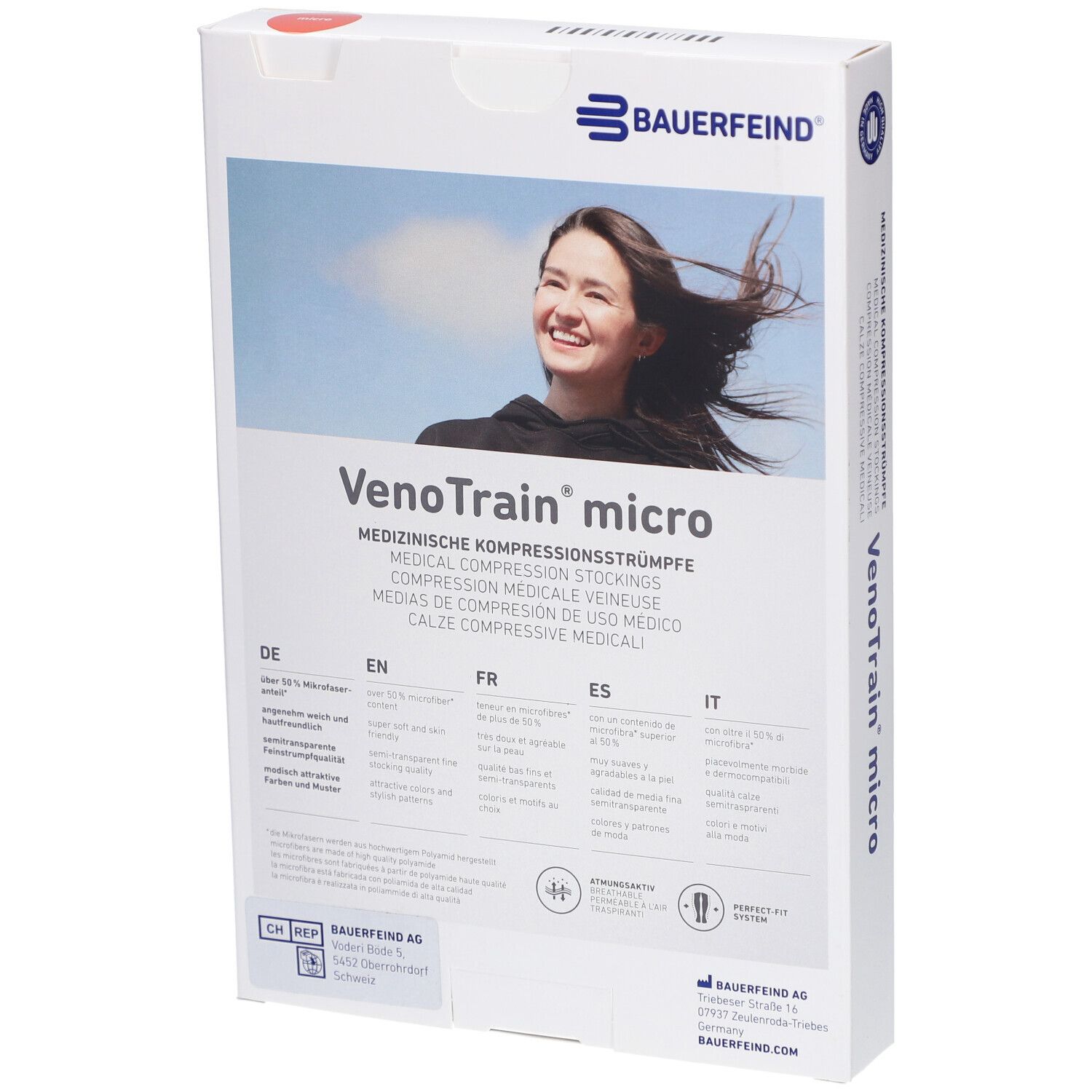 Verpackung mit VenoTrain micro Kompressionsstrümpfen. Aufschrift: Medizinische Kompressionsstrümpfe. Farbe: Schwarz.