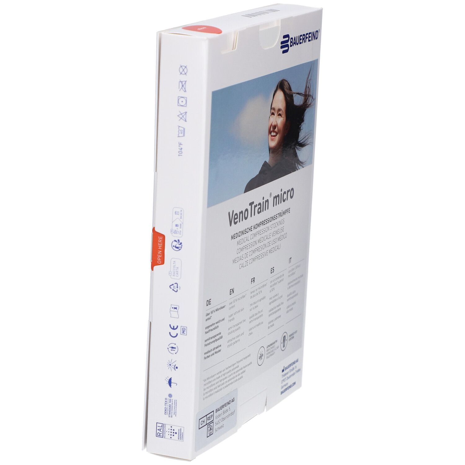 Verpackung mit VenoTrain micro Kompressionsstrümpfen. Aufschrift: CCL2, Größe S. Farbe: Schwarz. Mit rotem Akzent.