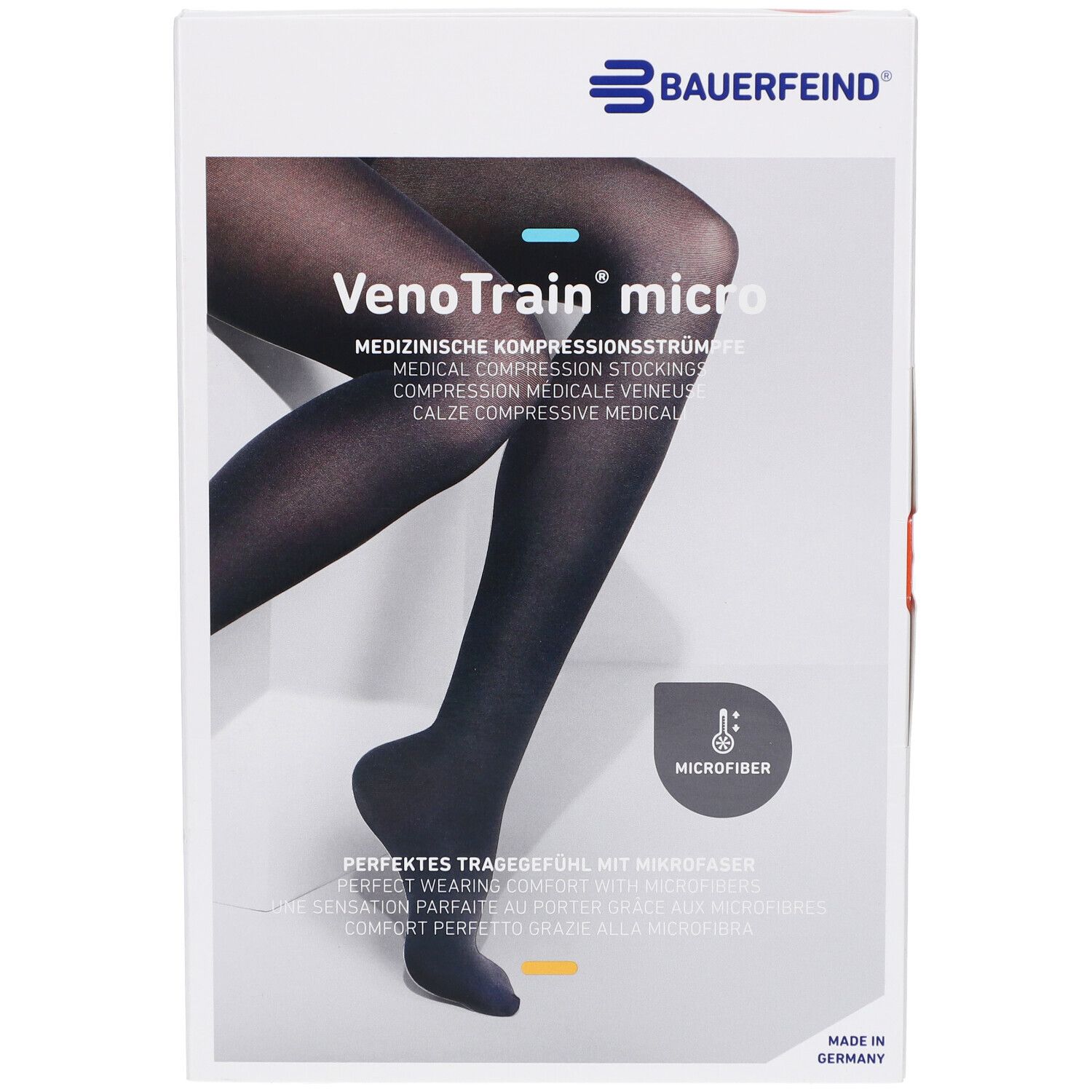 Verpackung mit VenoTrain micro Kompressionsstrümpfen. Aufschrift: Medizinische Kompressionsstrümpfe. Farbe: Schwarz.