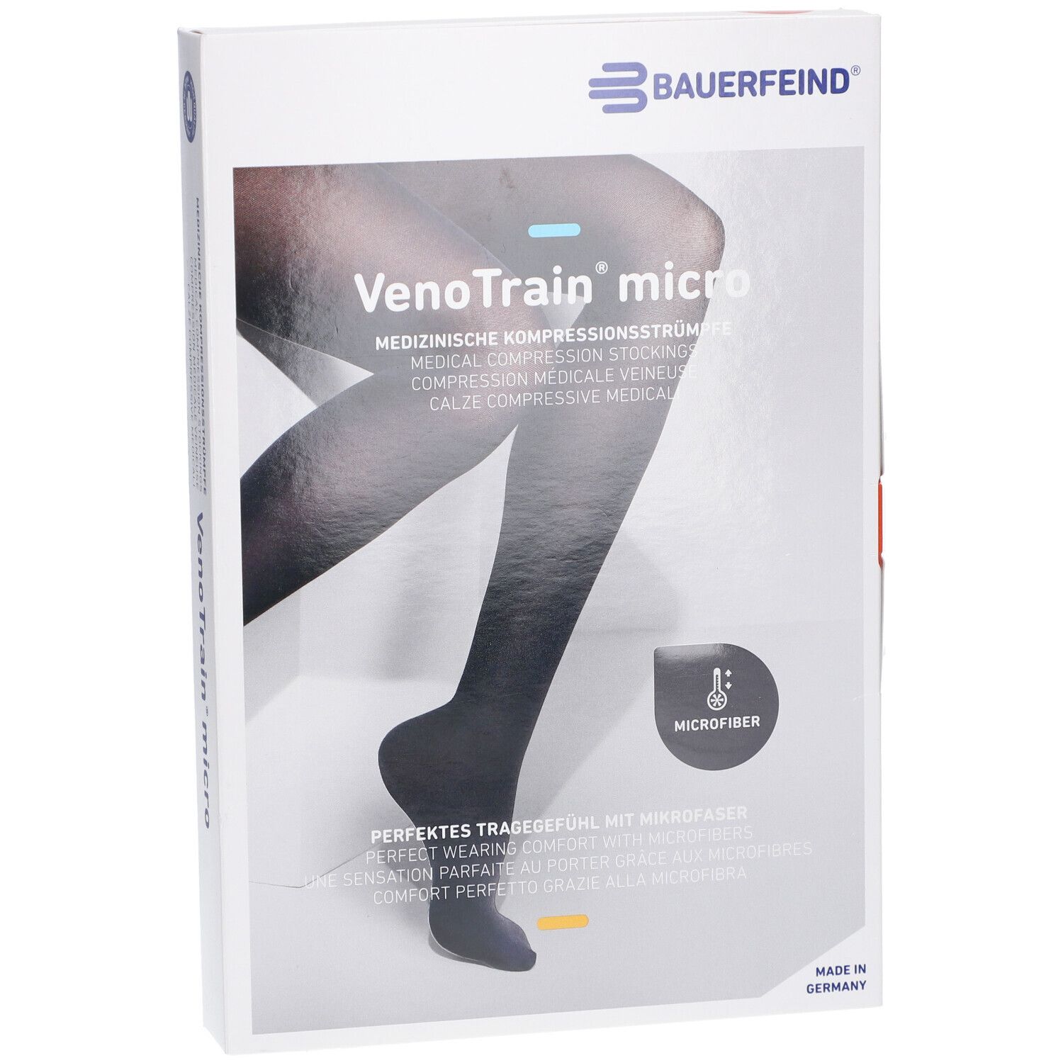 Verpackung mit VenoTrain micro Kompressionsstrümpfen. Aufschrift: Medizinische Kompressionsstrümpfe. Farbe: Schwarz.