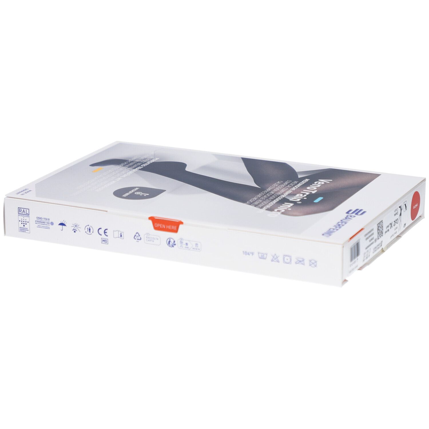 Boîte de bas de compression. Inscription: VenoTrain micro, bas de compression médicale. Taille XL, normal/court.