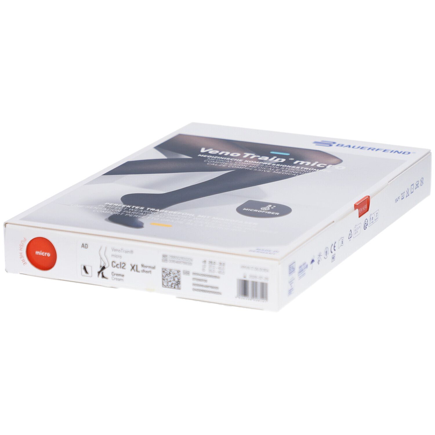 Boîte de bas de compression. Inscription: VenoTrain micro, bas de compression médicale. Taille XL, normal/court.