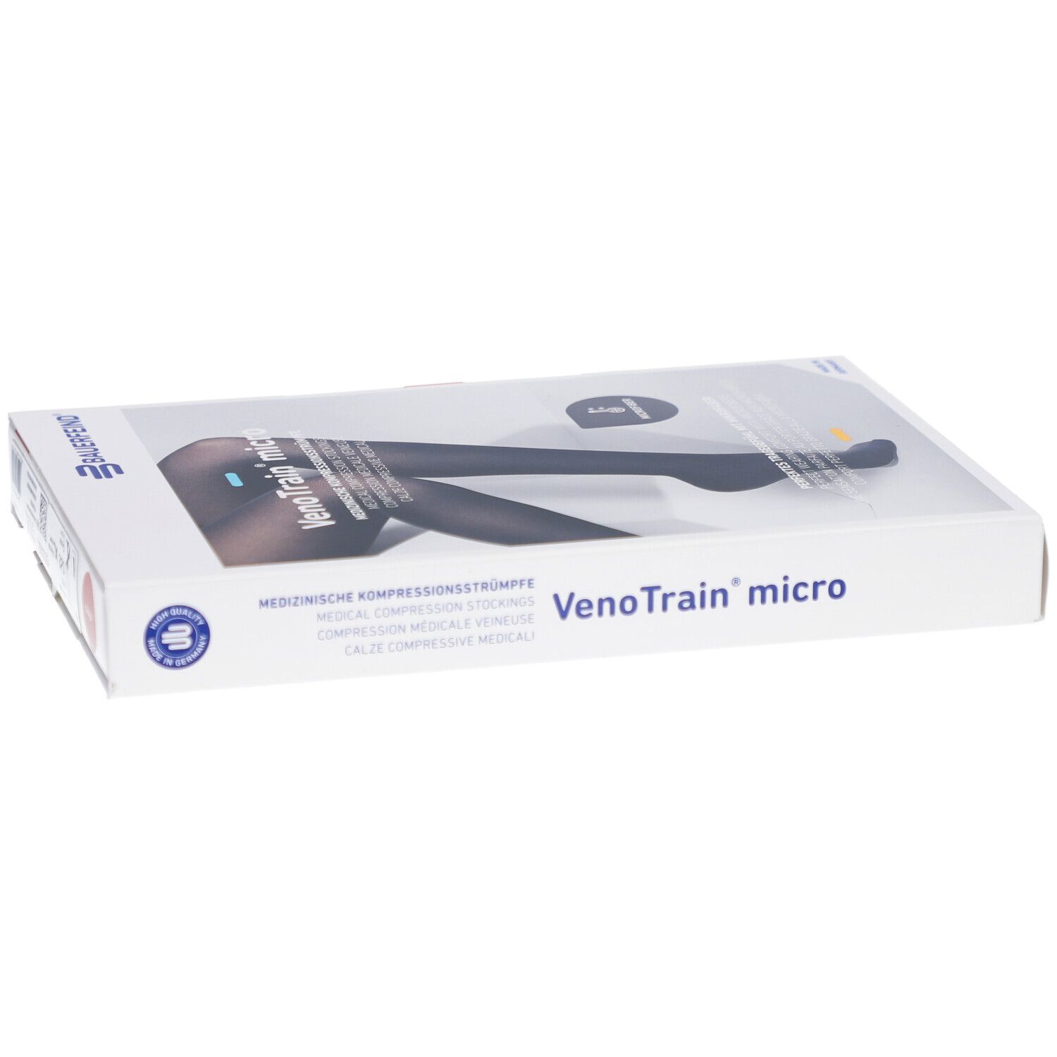 Boîte de bas de compression. Inscription: VenoTrain micro, bas de compression médicale. Taille XL, normal/court.