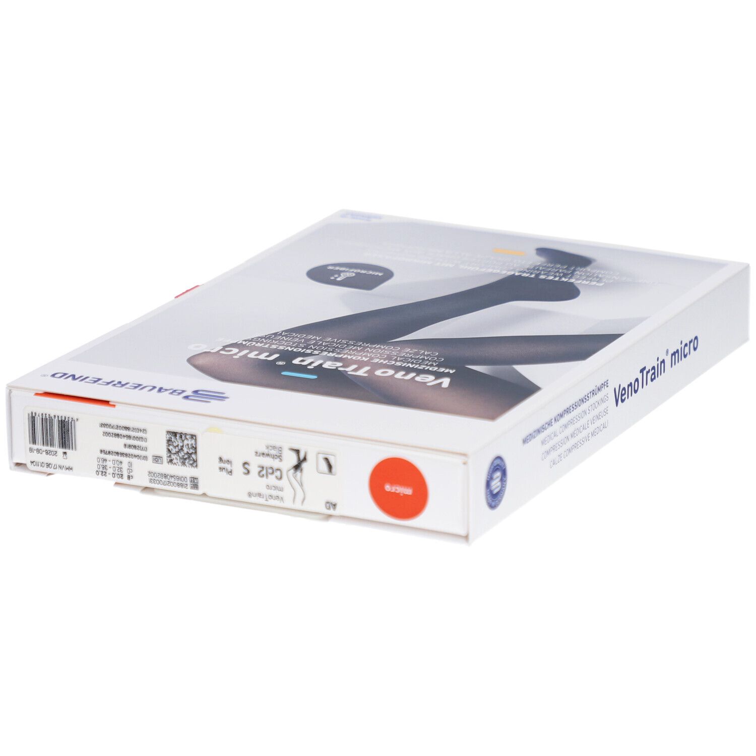 Verpackung mit Kompressionsstrümpfen. Aufschrift: VenoTrain micro. Medizinische Kompressionsstrümpfe. Marke: BAUERFEIND.
