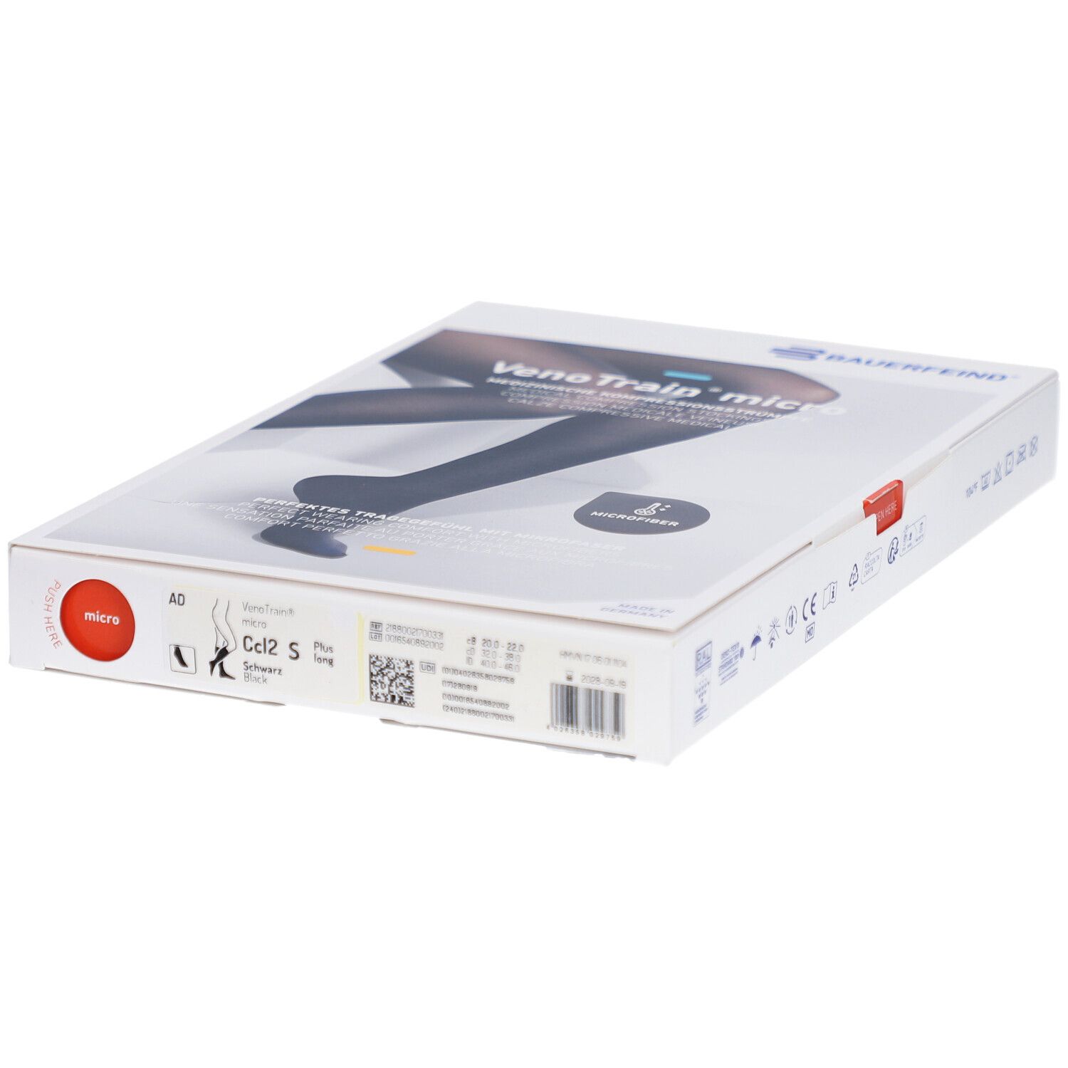 Verpackung mit Kompressionsstrümpfen. Aufschrift: VenoTrain micro. Medizinische Kompressionsstrümpfe. Größe S.