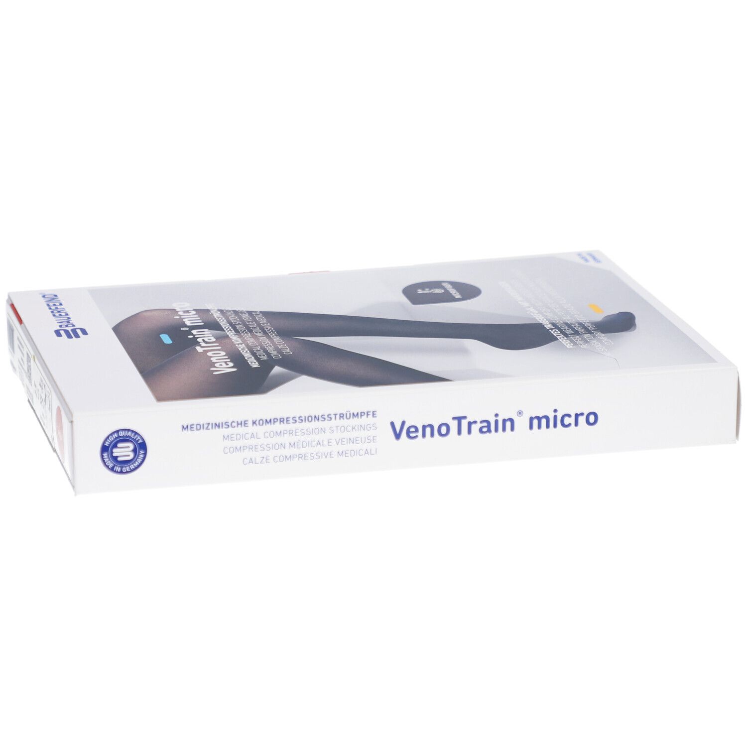 Verpackung mit Kompressionsstrümpfen. Aufschrift: VenoTrain micro. Medizinische Kompressionsstrümpfe. Marke: BAUERFEIND.