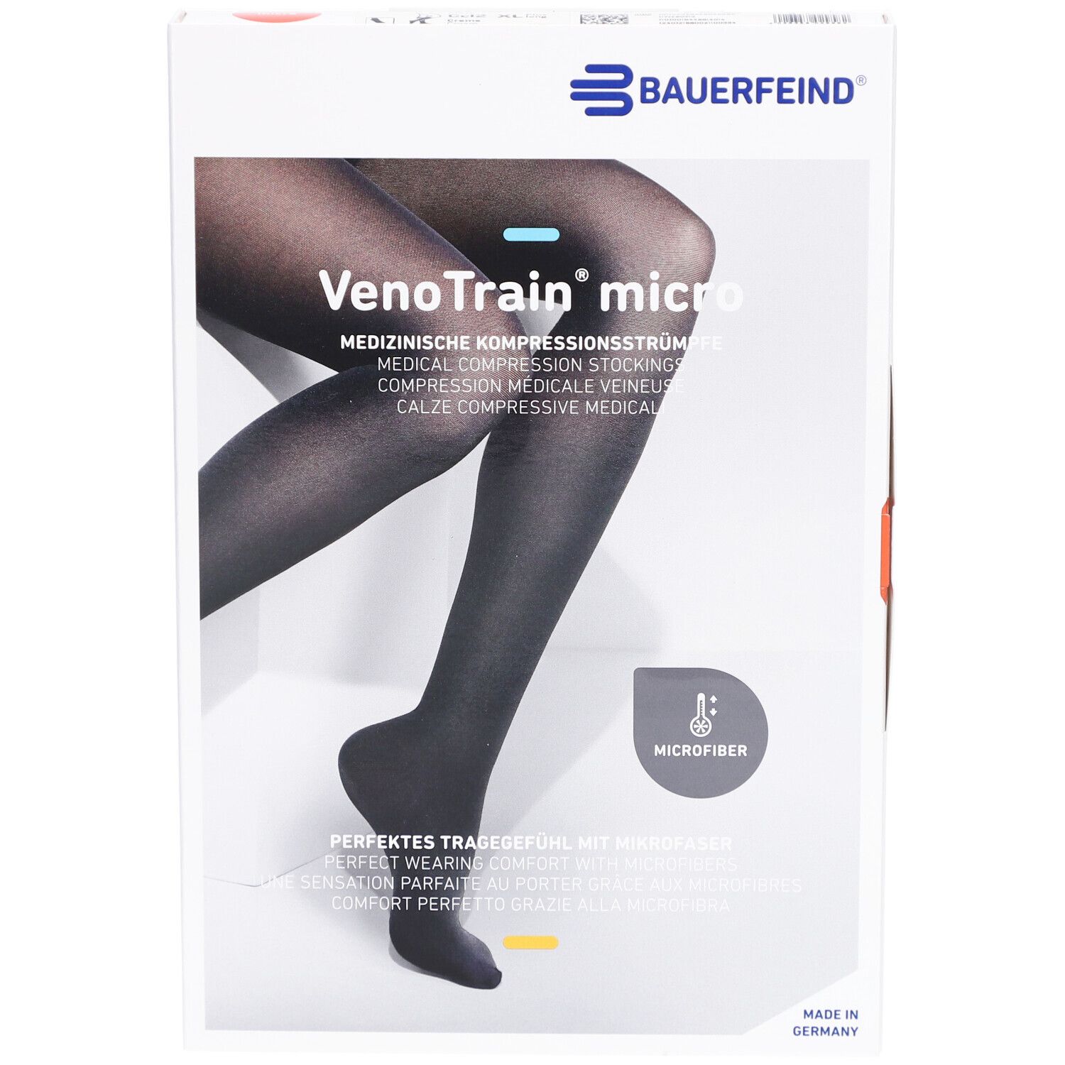 Boîte de bas de compression Bauerfeind VenoTrain micro. Bas noirs représentés. Microfibre. Détails en allemand, anglais, français, italien.
