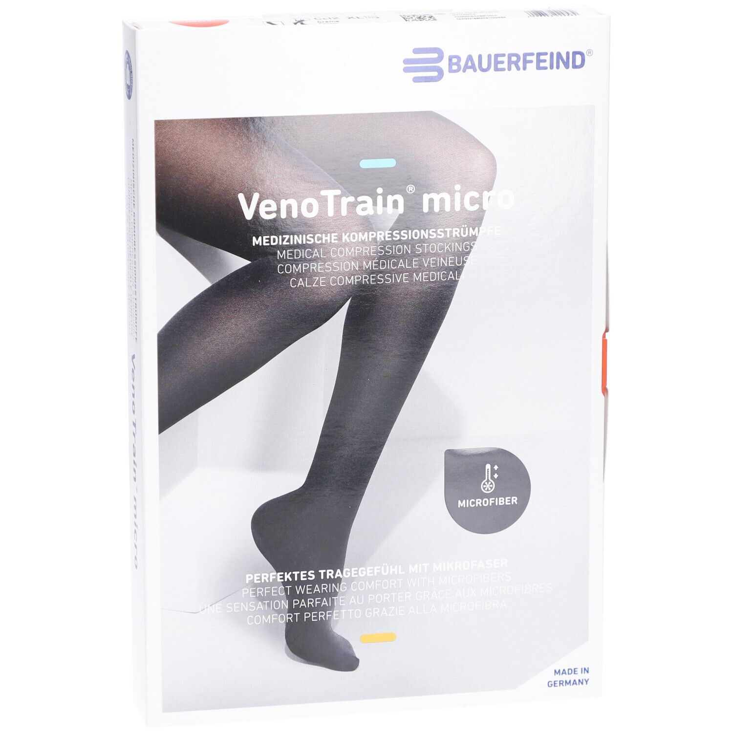 Boîte de bas de compression Bauerfeind VenoTrain micro. Bas noirs représentés. Microfibre. Détails en allemand, anglais, français, italien.