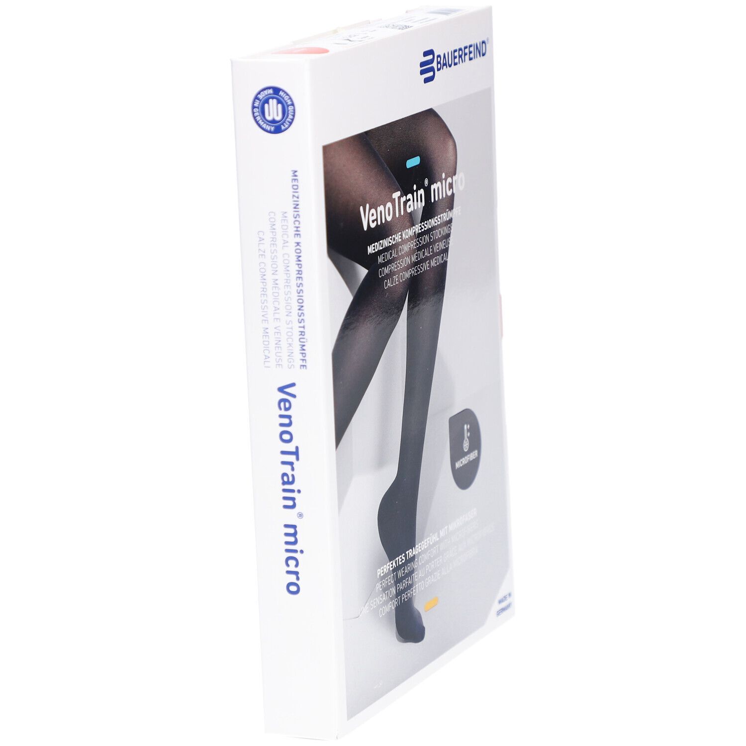 Verpackung mit Kompressionsstrümpfen. VenoTrain micro, medizinische Kompressionsstrümpfe. Schwarze Strümpfe abgebildet.