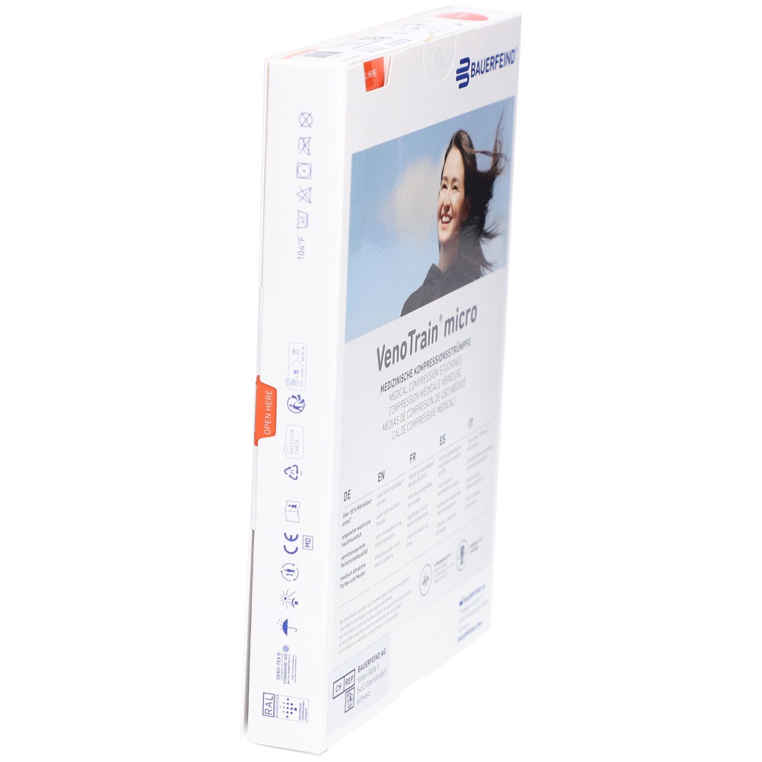 Seite der Verpackung mit Kompressionsstrümpfen. VenoTrain micro. Frau lächelt. Texte in mehreren Sprachen.