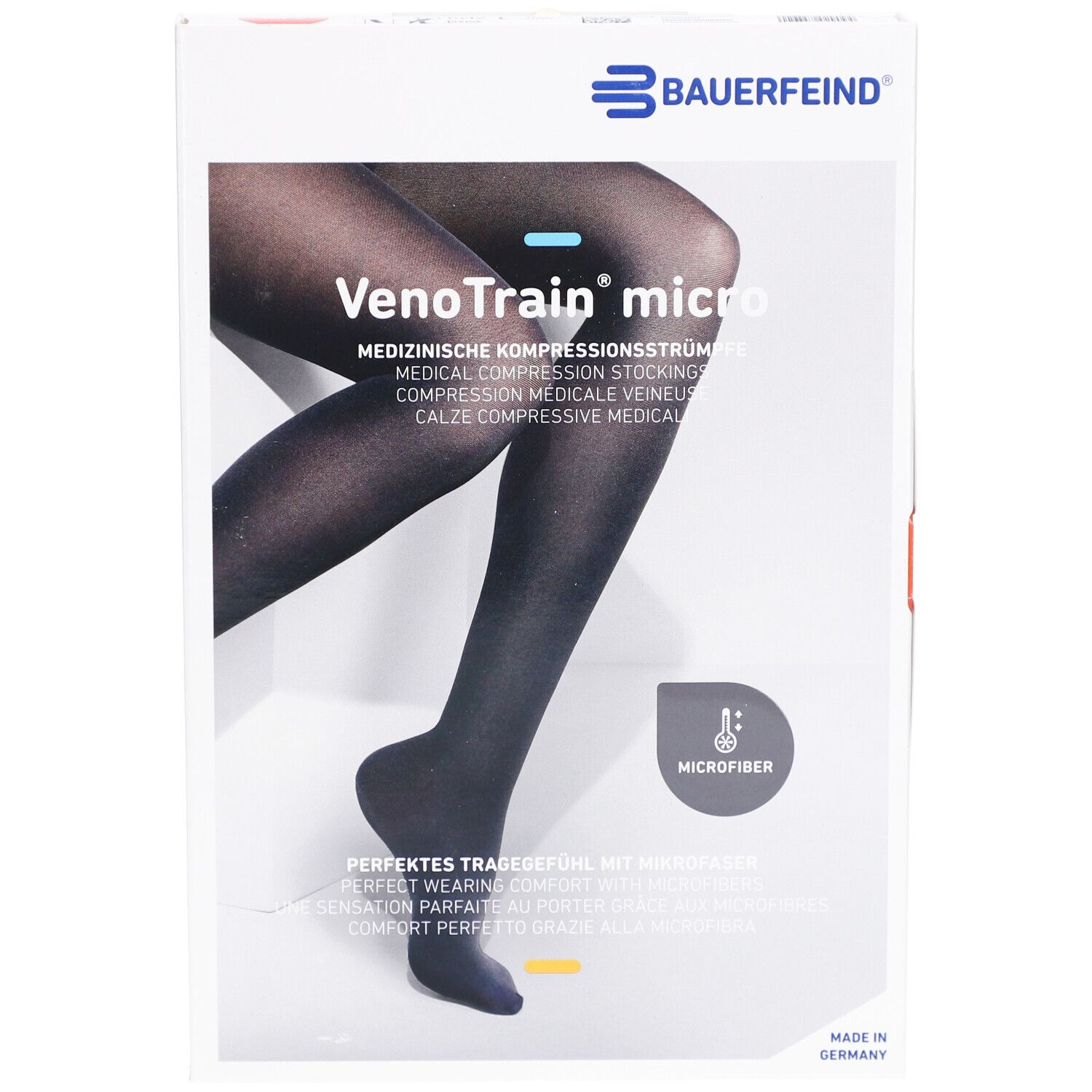 Verpackung mit Kompressionsstrümpfen. VenoTrain micro, medizinische Kompressionsstrümpfe. Schwarze Strümpfe abgebildet.