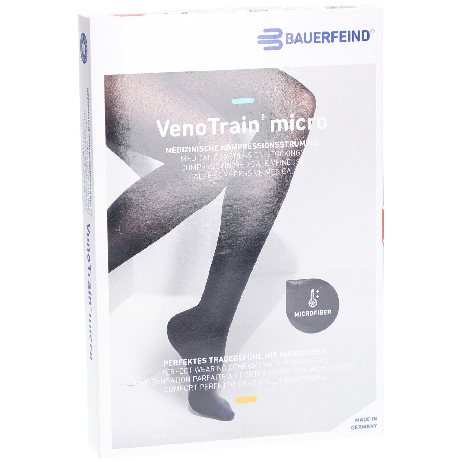 Verpackung mit Kompressionsstrümpfen. VenoTrain micro, medizinische Kompressionsstrümpfe. Schwarze Strümpfe abgebildet.