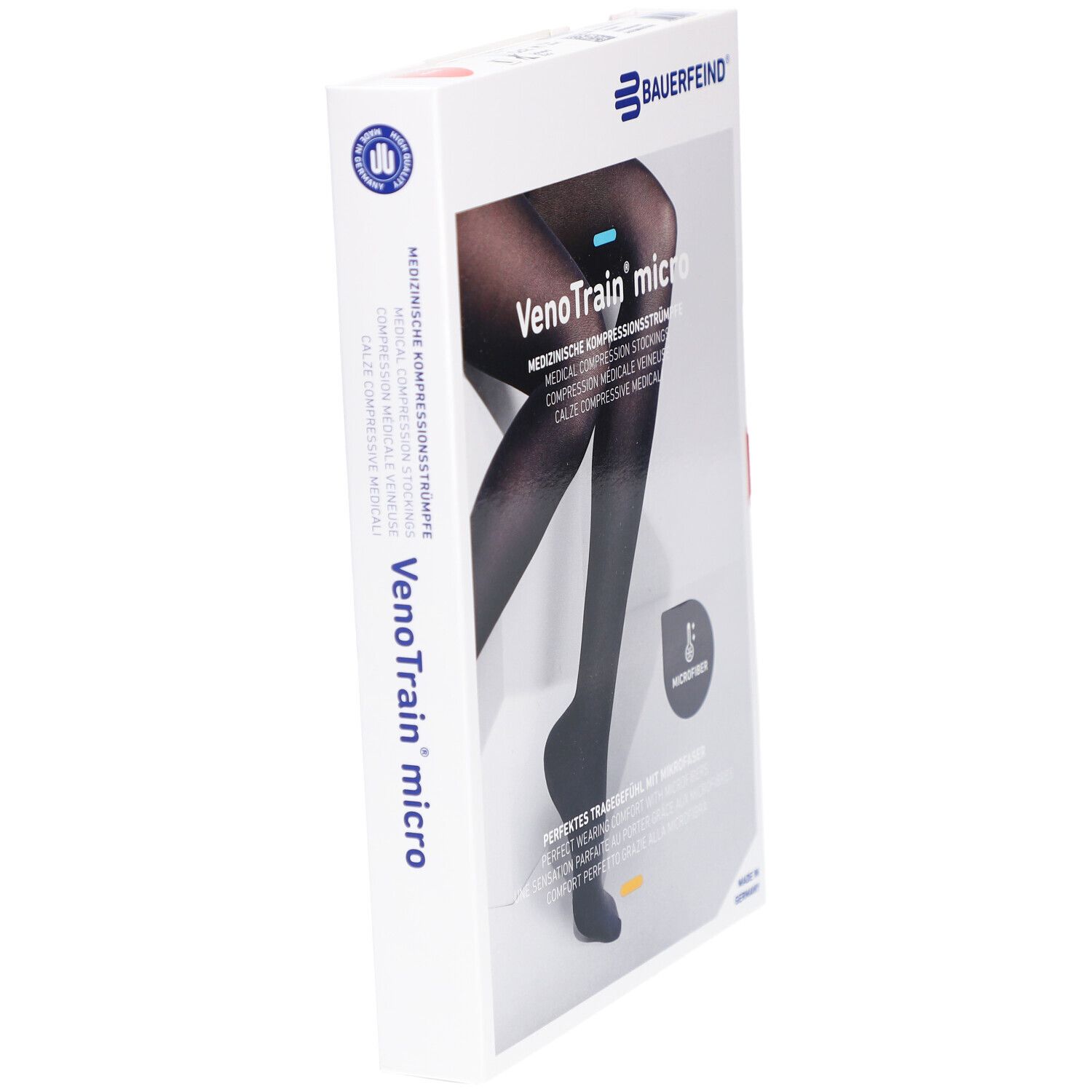 Verpackung, Bauerfeind VenoTrain micro Kompressionsstrümpfe. Schwarze Strümpfe, Mikrofasern. Winkelansicht.