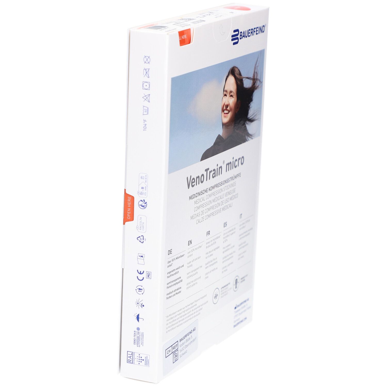 Verpackung, Bauerfeind VenoTrain micro. Rückseite mit Produktinformationen. Winkelansicht.