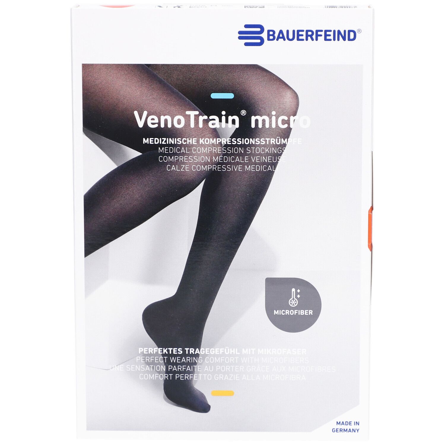 Verpackung, Bauerfeind VenoTrain micro Kompressionsstrümpfe. Schwarze Strümpfe, Mikrofasern. Made in Germany.