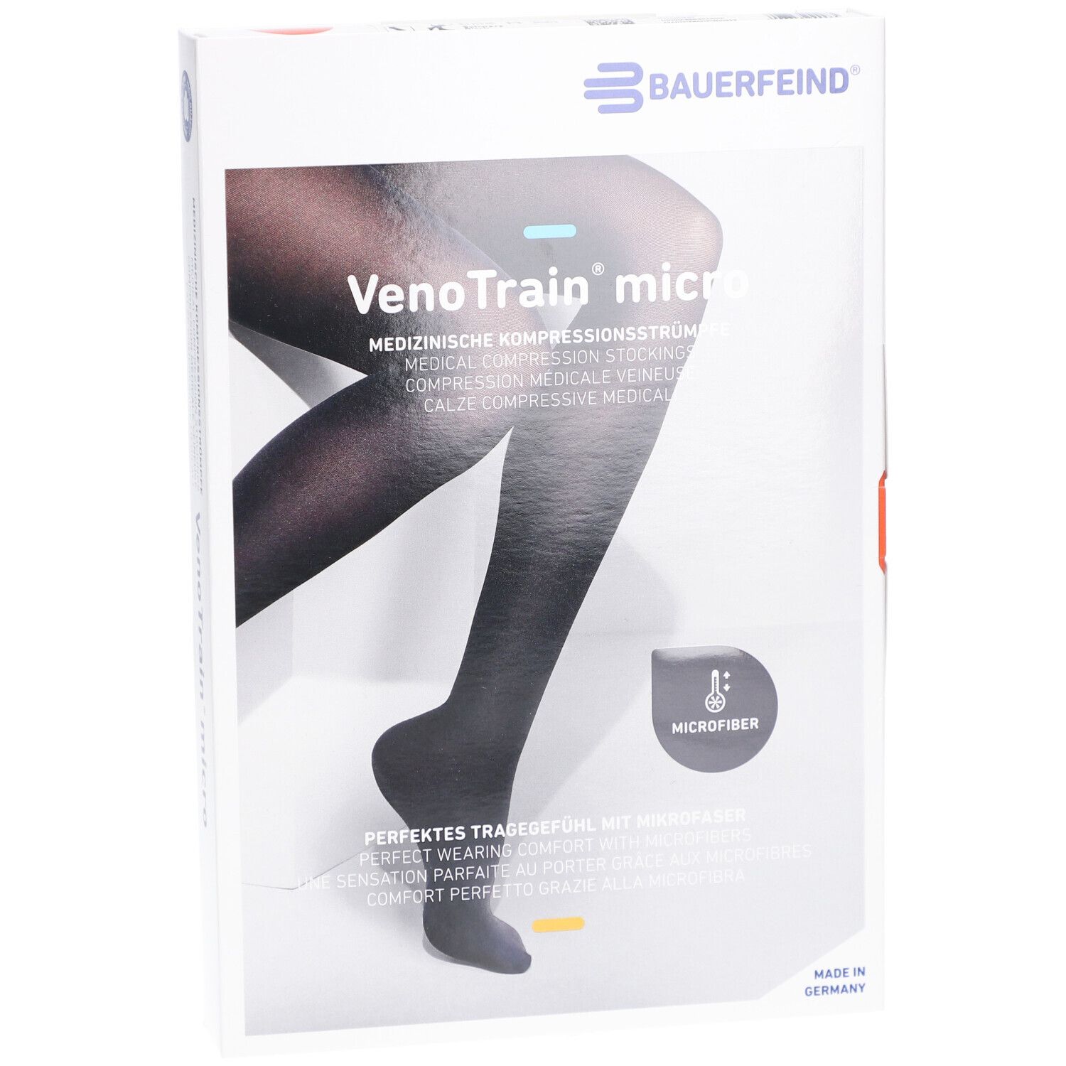 Verpackung, Bauerfeind VenoTrain micro Kompressionsstrümpfe. Schwarze Strümpfe, Mikrofasern. Winkelansicht.