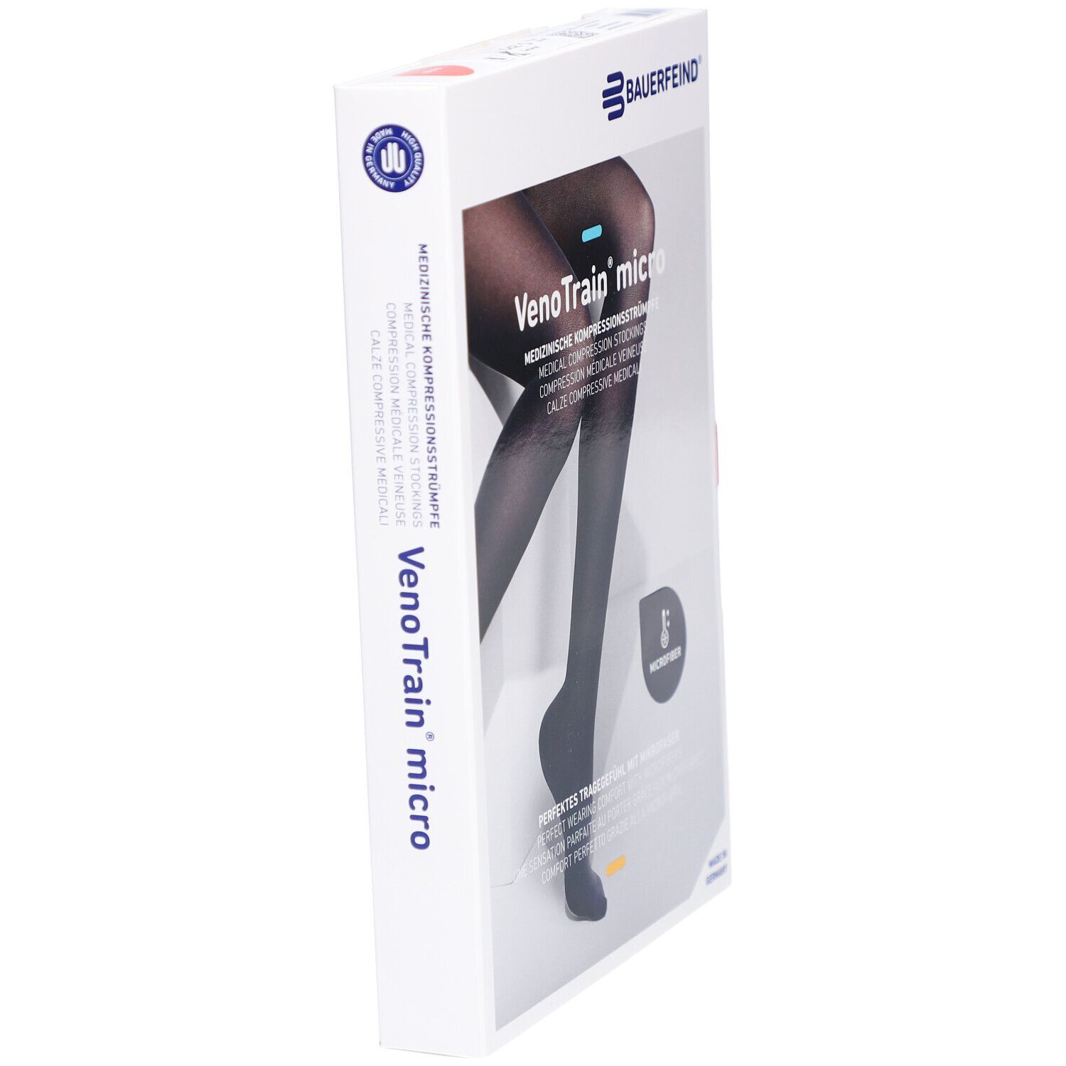 Boîte de bas de compression. Marque : BAUERFEIND. Nom du produit : VenoTrain micro. Vue latérale.