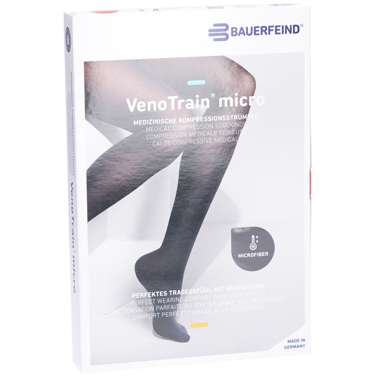 Boîte de bas de compression. Marque : BAUERFEIND. Nom du produit : VenoTrain micro. Vue latérale.