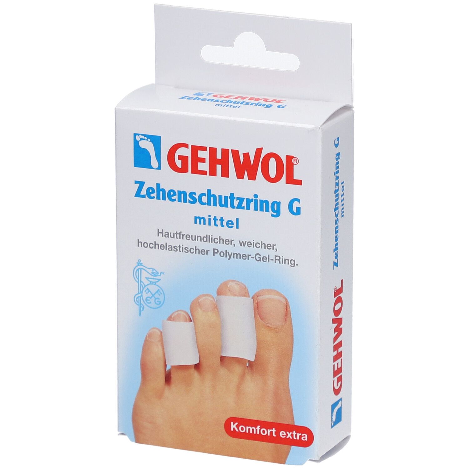 Verpackung mit Zehenschutzringen. Aufschrift: GEHWOL Zehenschutzring G mittel. Zehen mit Ringen.