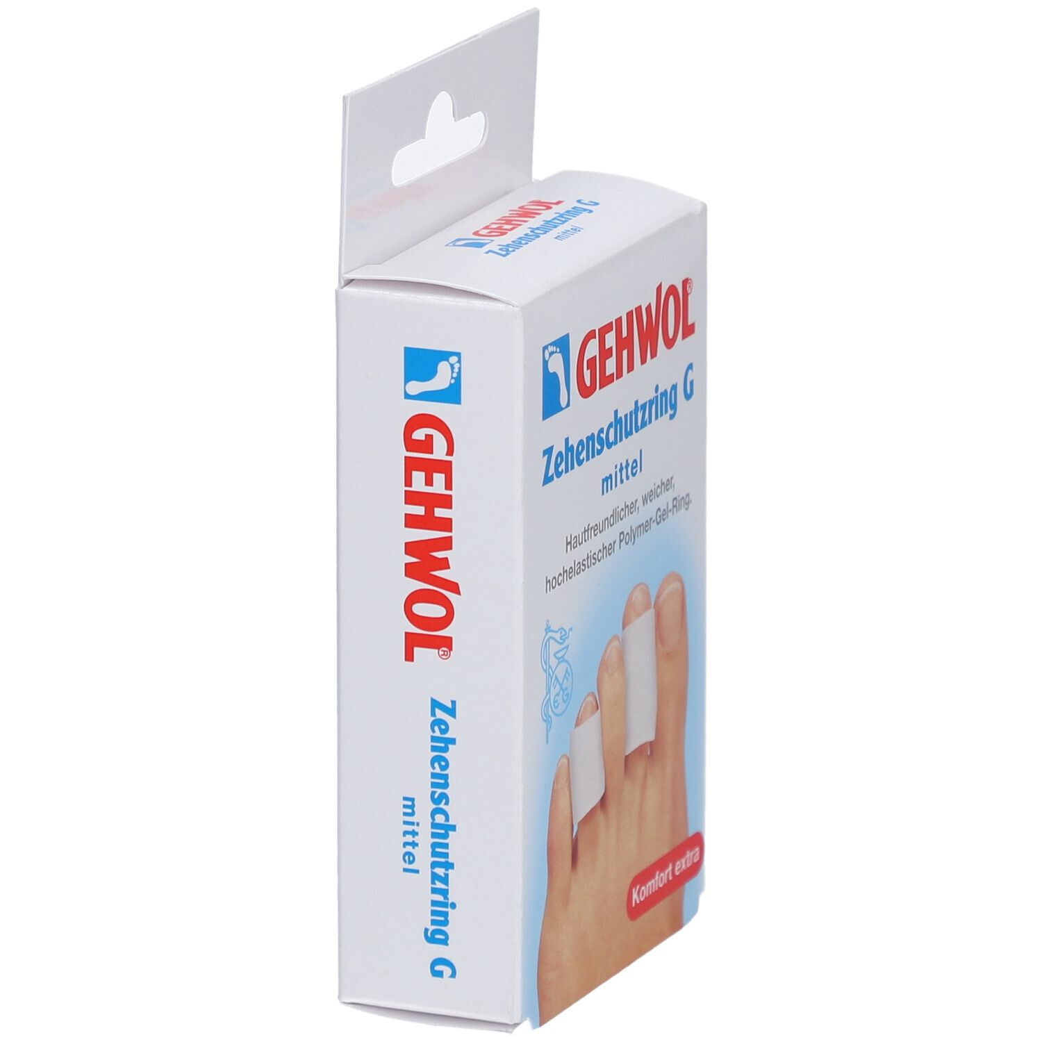 Verpackung mit Zehenschutzringen. Aufschrift: GEHWOL Zehenschutzring G mittel. Seitenansicht.