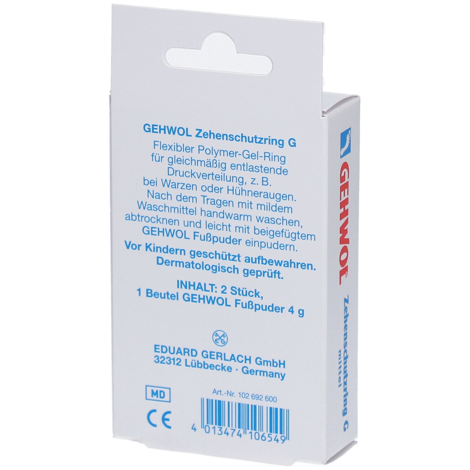 Rückseite der Verpackung. Text: GEHWOL Zehenschutzring G. Inhalt: 2 Stück, 1 Beutel Fußpuder. Herstellerinformationen.