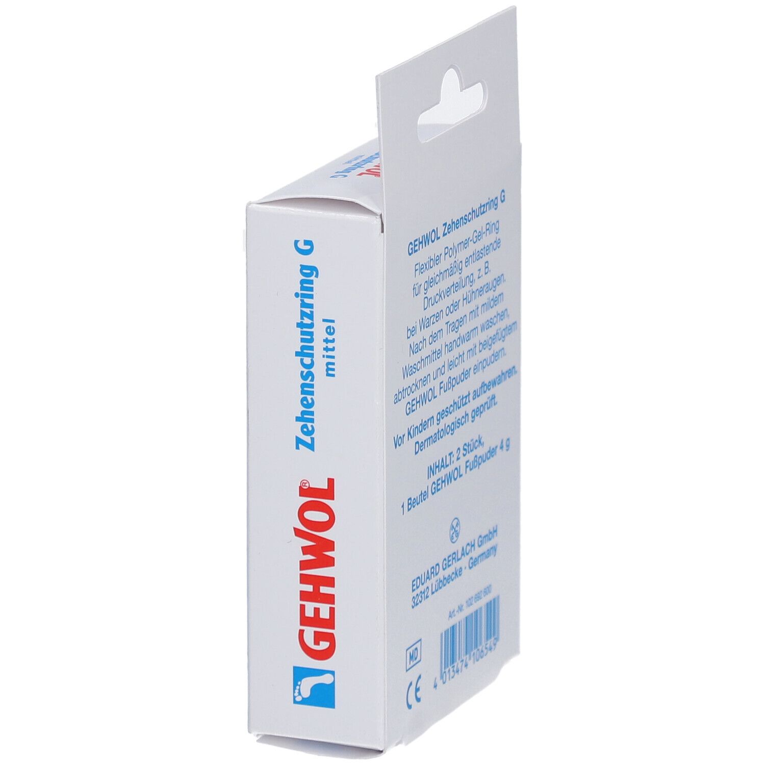 Seitenansicht der Verpackung. Text: GEHWOL Zehenschutzring G mittel. Produktinformationen.