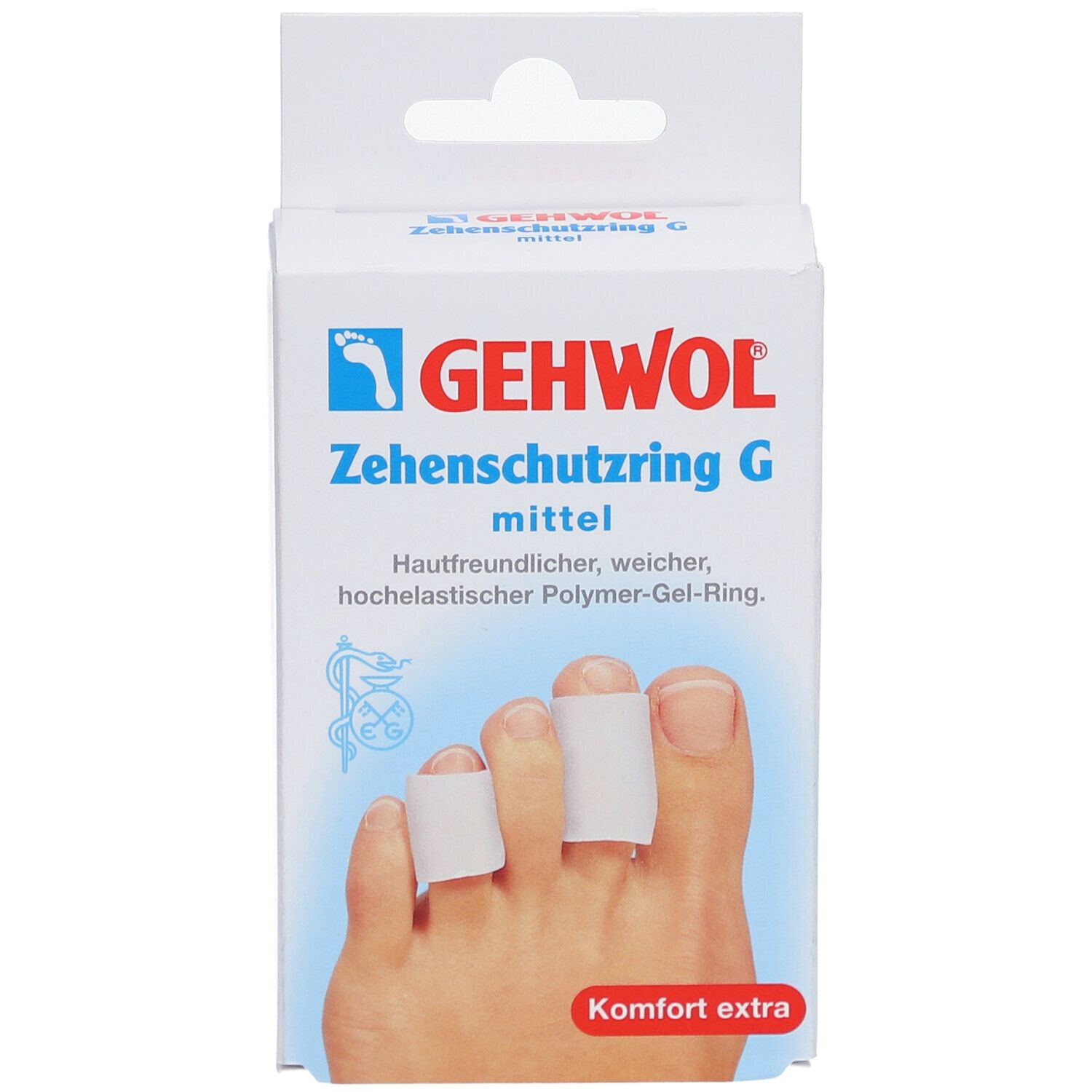 Verpackung mit Zehenschutzringen. Aufschrift: GEHWOL Zehenschutzring G mittel. Zehen mit Ringen.