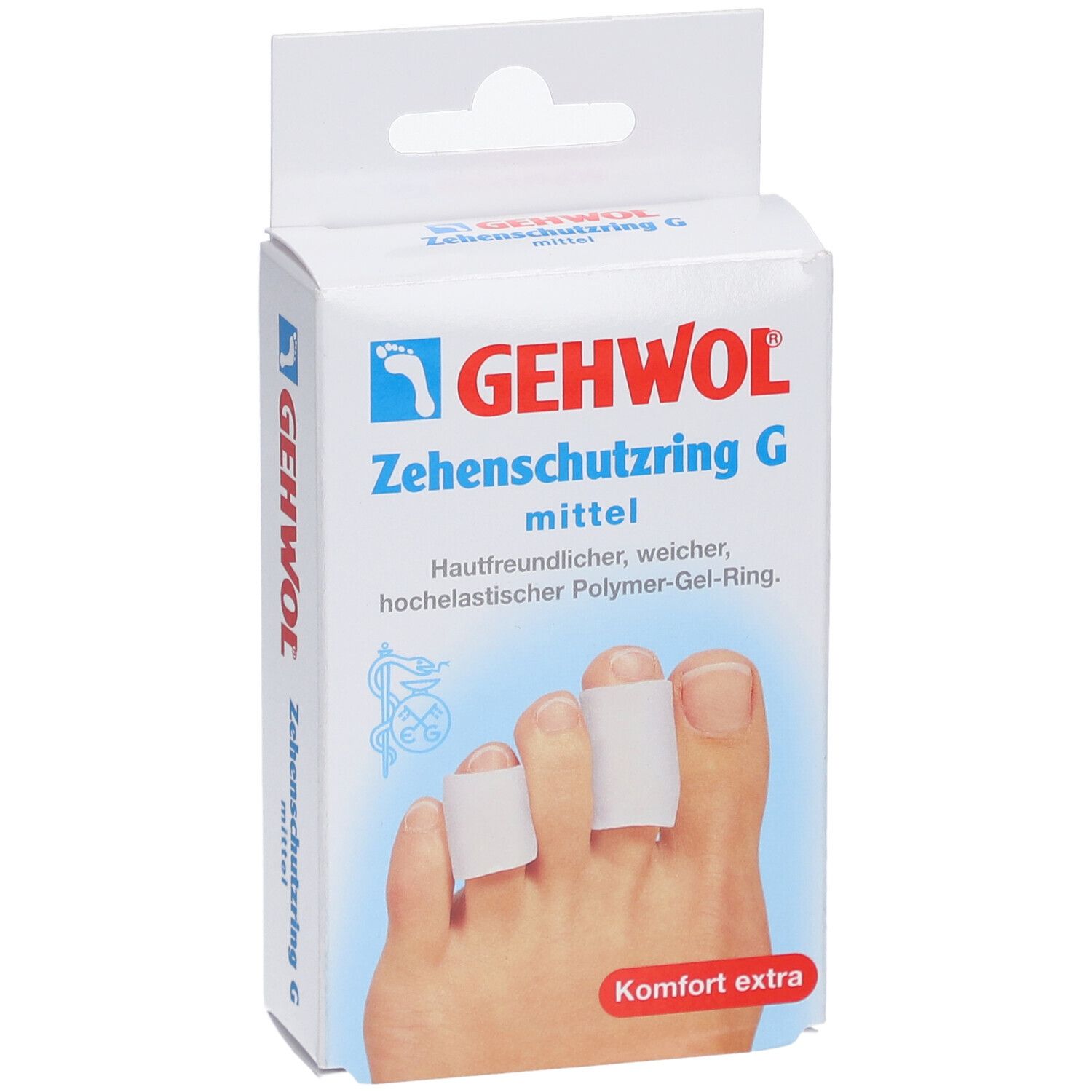 Verpackung mit Zehenschutzringen. Aufschrift: GEHWOL Zehenschutzring G mittel. Zehen mit Ringen.