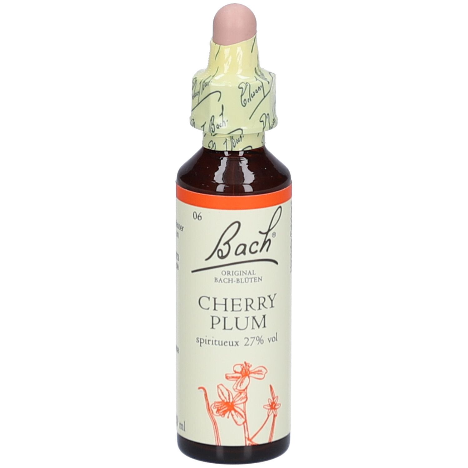 Braune Glasflasche mit Tropfer. Etikett mit "Bach" und "Cherry Plum". Gelbe Versiegelung. 27% vol.