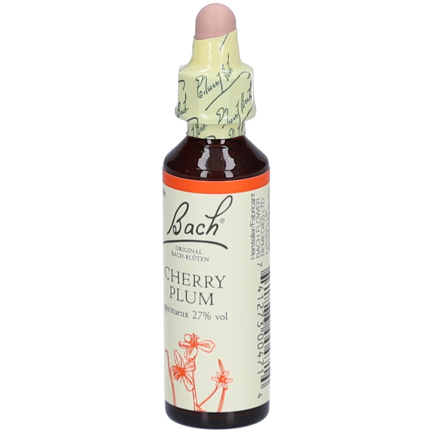 Braune Glasflasche mit Tropfer. Etikett mit "Bach" und "Cherry Plum". Gelbe Versiegelung. Barcode.