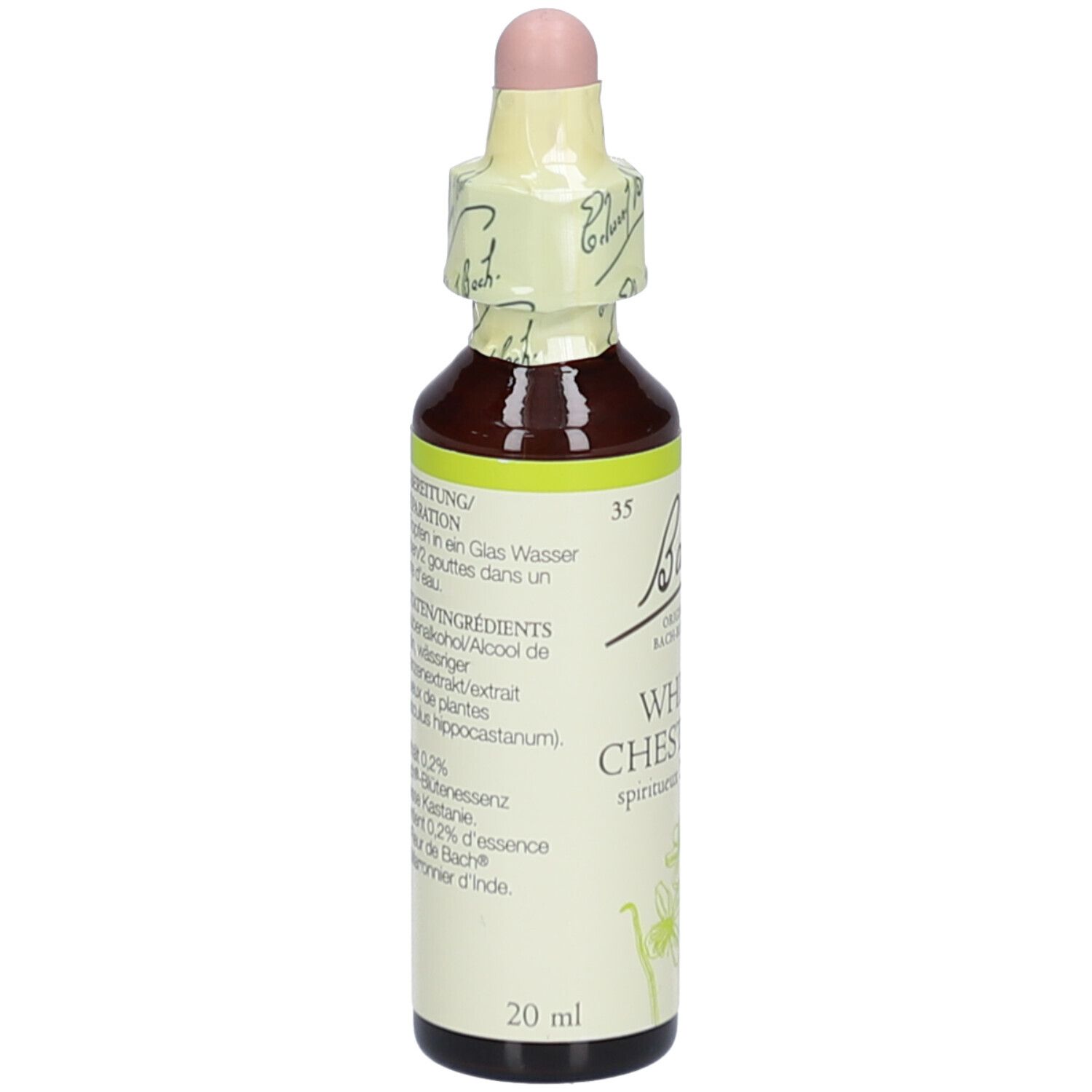 Braune Glasflasche mit weißem Etikett. Aufschrift: Bach Original Bach-Blüten White Chestnut. Zutatenliste und Anwendungshinweis.