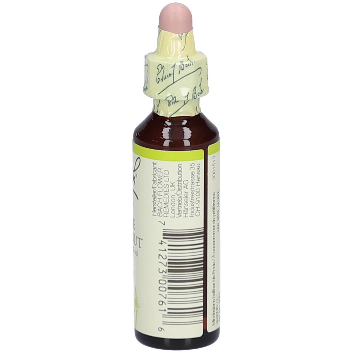 Braune Glasflasche mit weißem Etikett. Aufschrift: Bach Original Bach-Blüten White Chestnut. Herstellerinformationen.