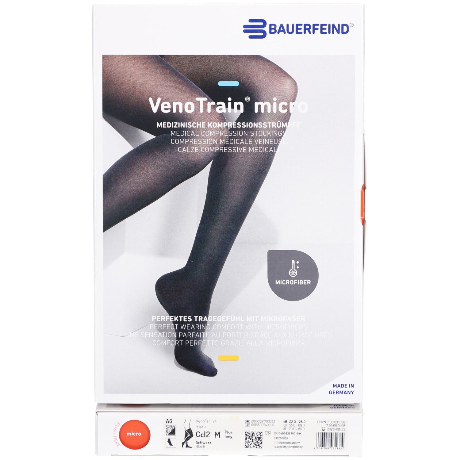 Kompressionsstrümpfe schwarz, Fußteil geschlossen, auf Verpackung. Marke Bauerfeind, VenoTrain micro.