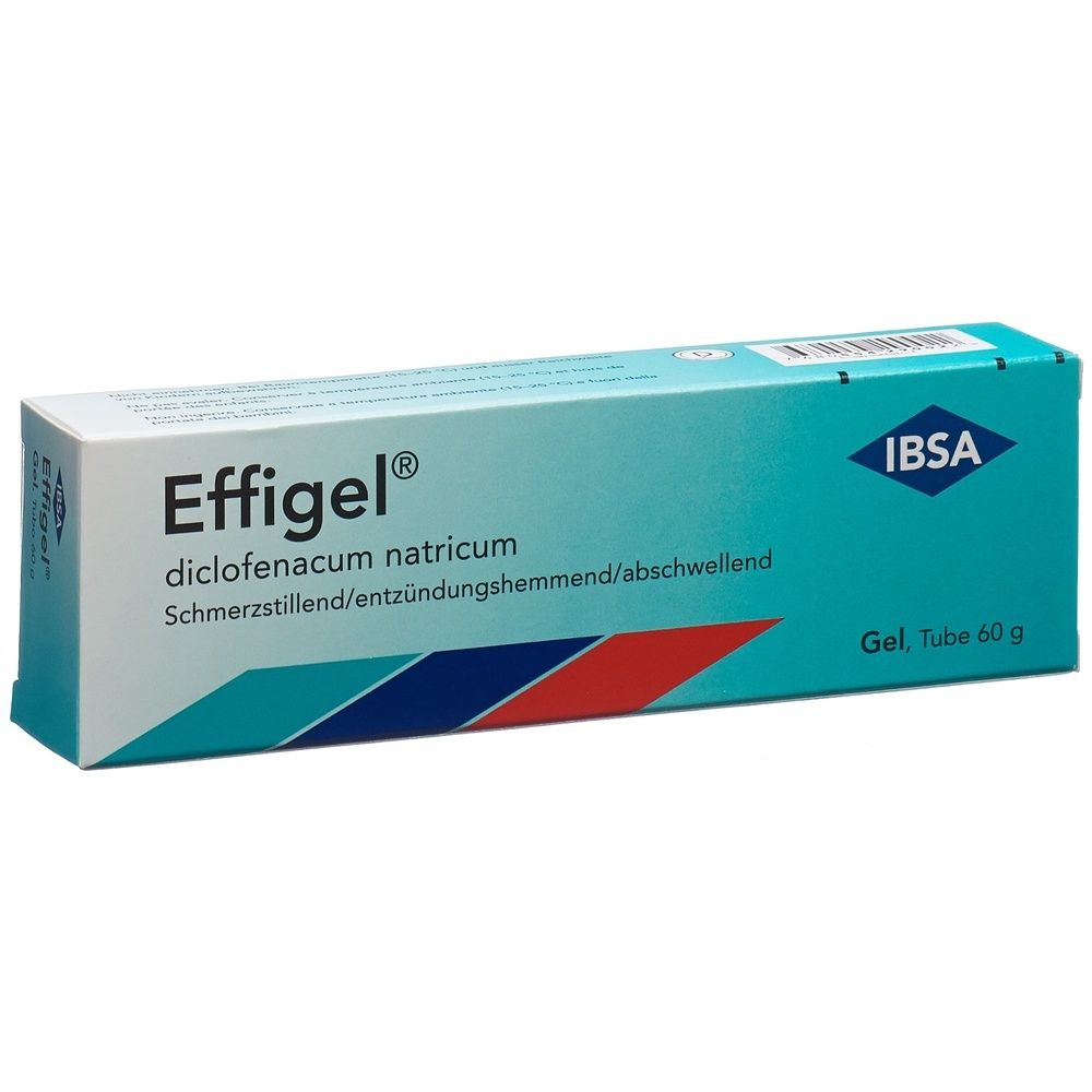 Effigel Gel Tube 60 g. Weiß-türkisfarbene Verpackung. Enthält Diclofenac. IBSA-Logo. Text: schmerzstillend/entzündungshemmend/abschwellend.