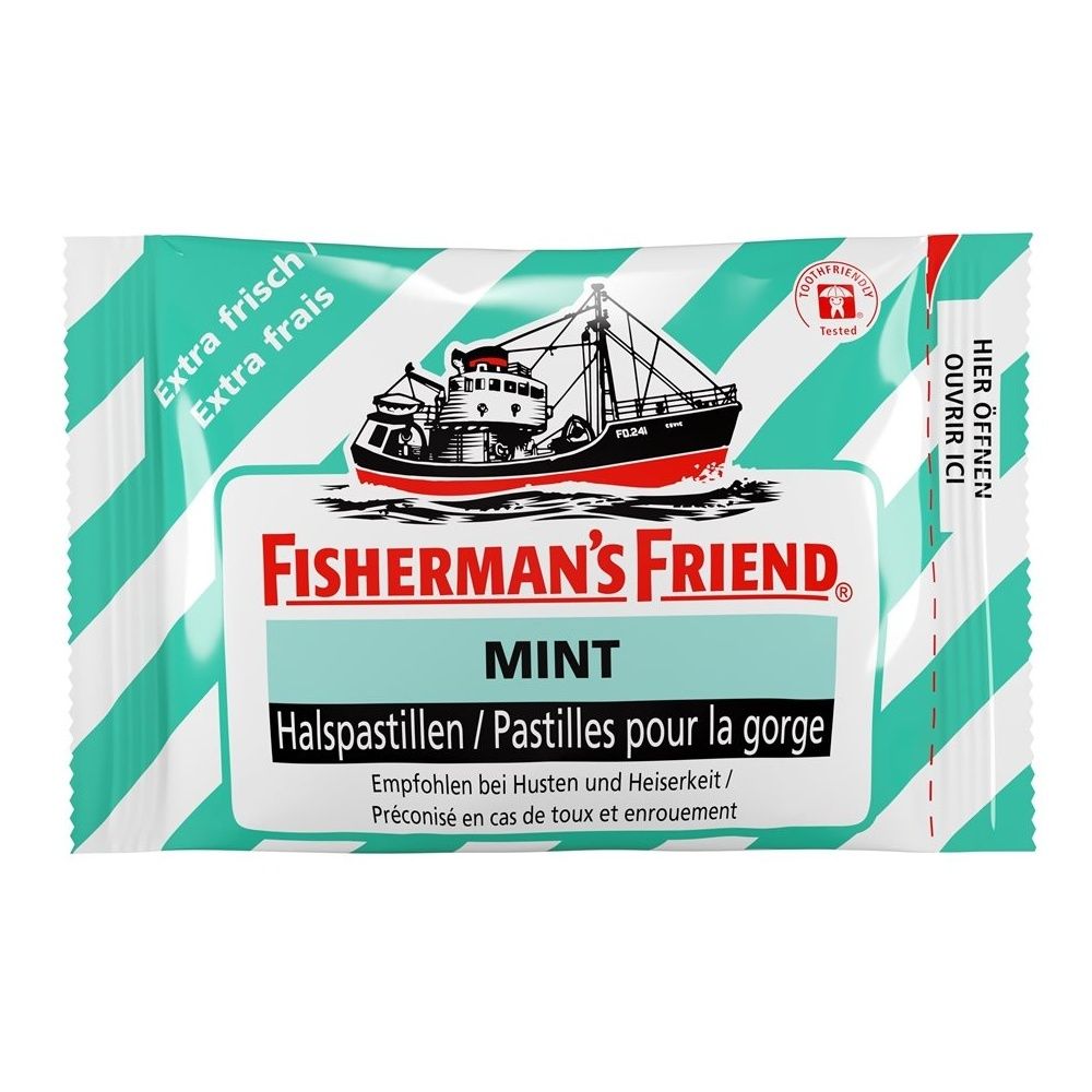 Verpackung von Fisherman's Friend Mint Pastillen. Türkis-weiß gestreift, mit Logo und Text in Deutsch und Französisch.