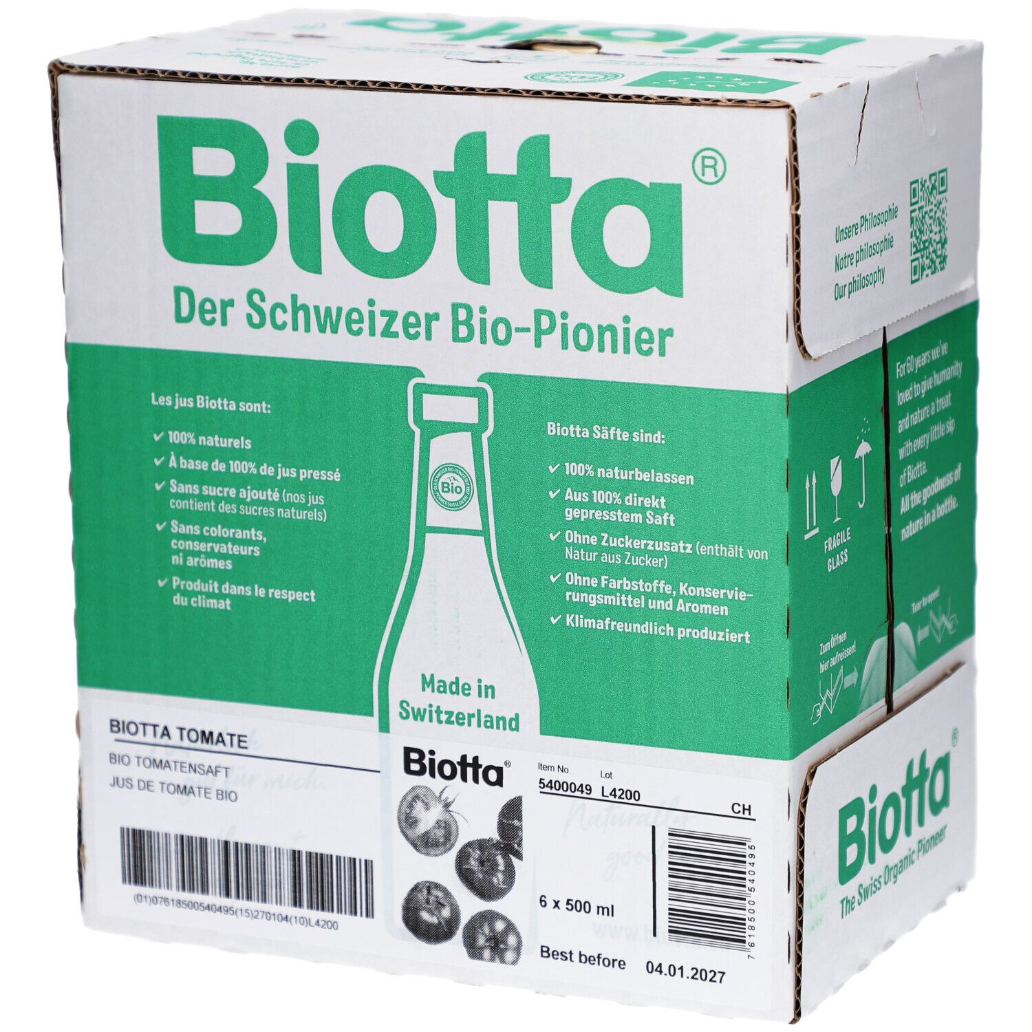 Carton BIOTTA Tomate Bio. Six bouteilles, 500 ml. Emballage vert et blanc. Texte: Le pionnier suisse du bio. Fabriqué en Suisse.
