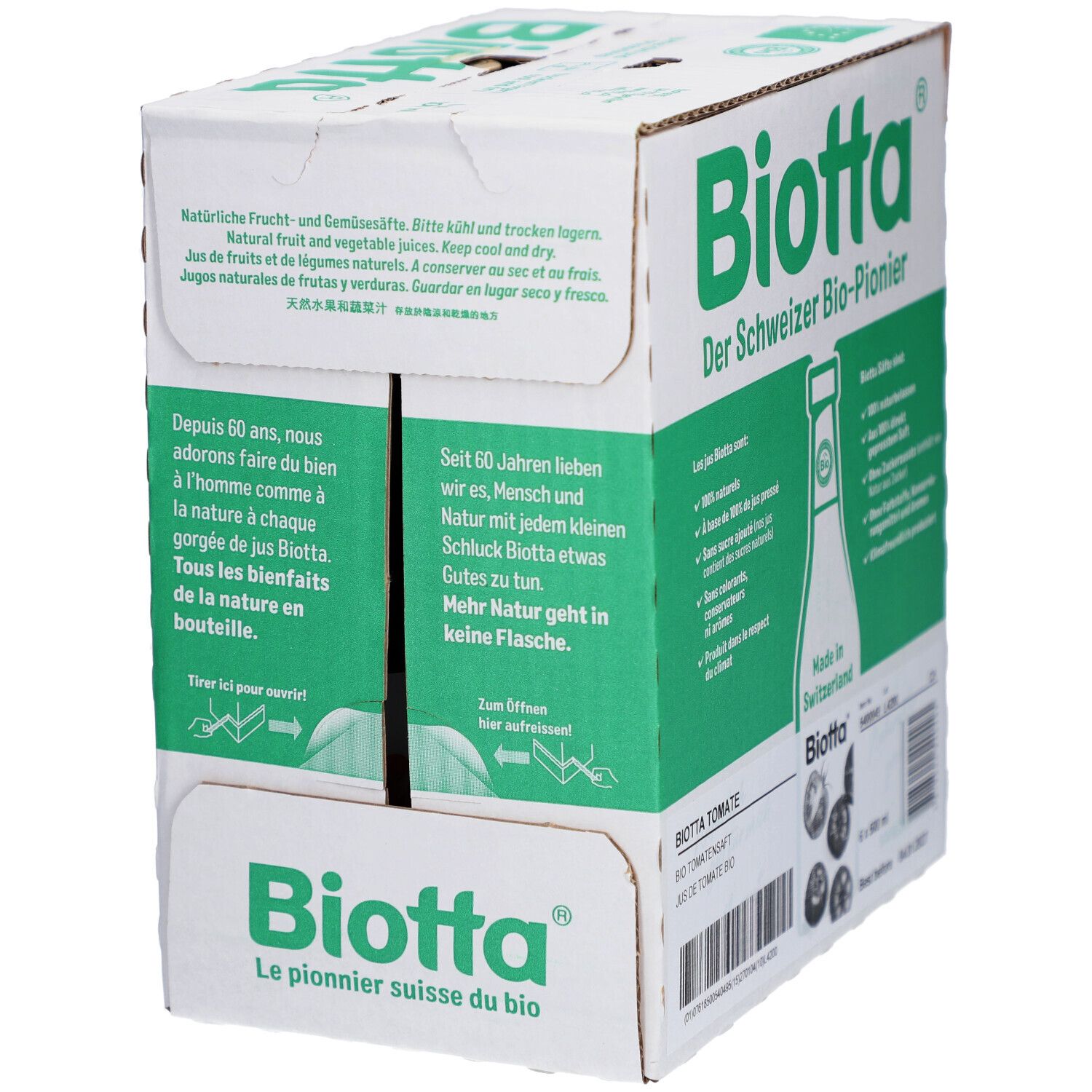Carton BIOTTA. Emballage vert et blanc. Texte: Le pionnier suisse du bio. Depuis 60 ans, nous aimons l'homme et la nature. Pour ouvrir.