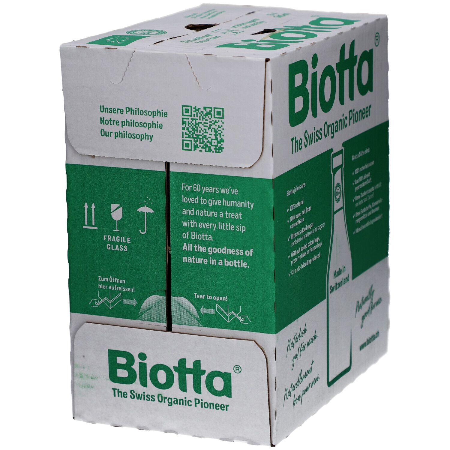 Carton BIOTTA. Emballage vert et blanc. Texte: Le pionnier suisse du bio. Depuis 60 ans, nous aimons l'homme et la nature. Pour ouvrir.