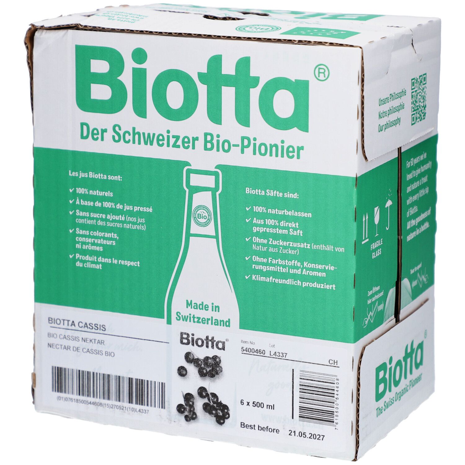 Karton mit BIOTTA-Logo und Produktinformationen. Enthält 6 Flaschen Cassis-Nektar. Aufdrucke: "Der Schweizer Bio-Pionier", "Made in Switzerland".