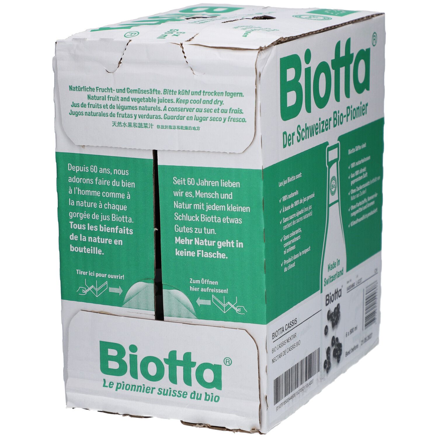 Karton mit BIOTTA-Logo. Text: "Der Schweizer Bio-Pionier". Enthält Informationen über natürliche Frucht- und Gemüsesäfte. Aufdruck: "Made in Switzerland".