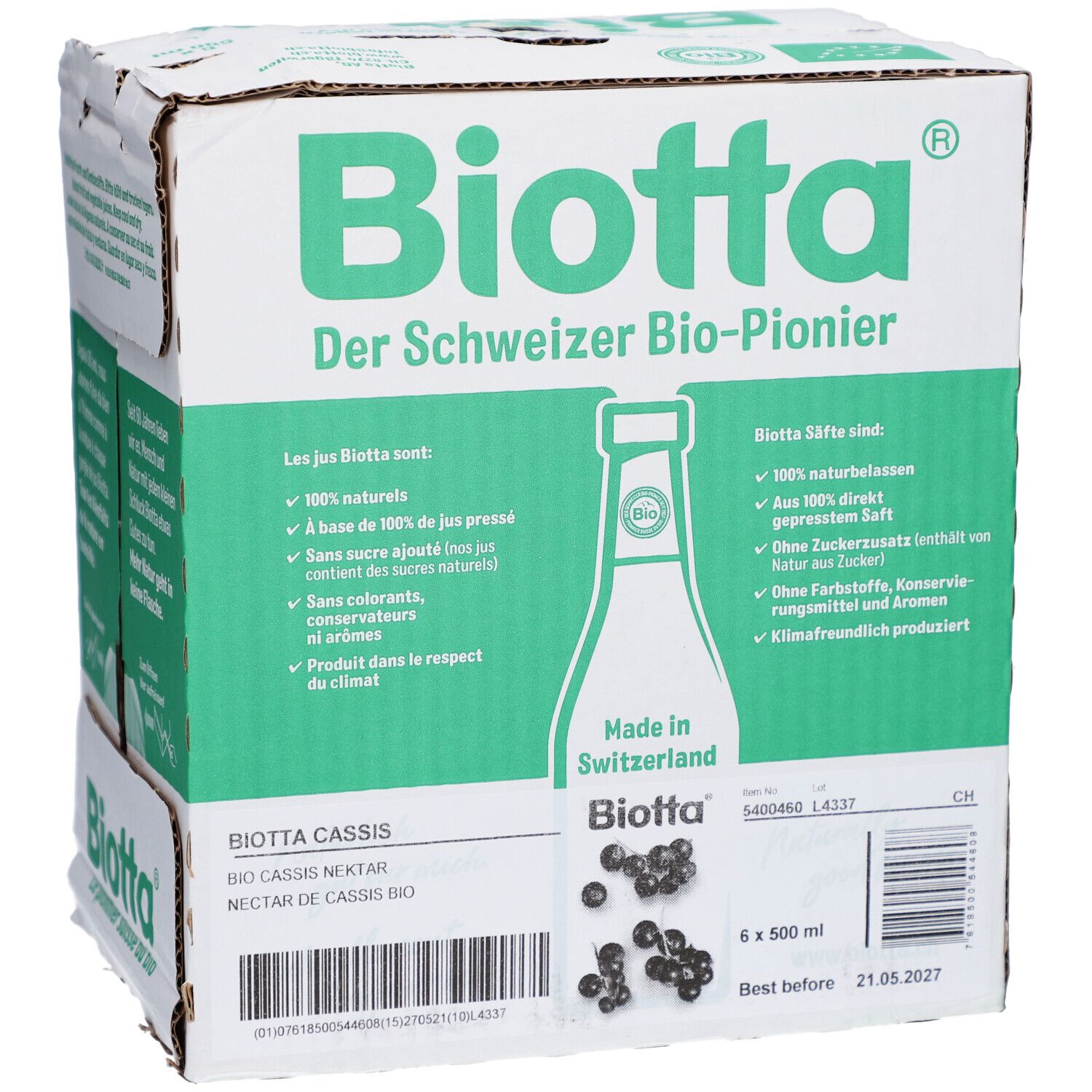 Karton mit BIOTTA-Logo und Produktinformationen. Enthält 6 Flaschen Cassis-Nektar. Aufdrucke: "Der Schweizer Bio-Pionier", "Made in Switzerland".