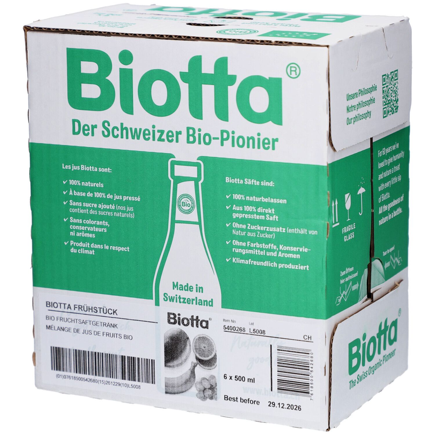 Carton de BIOTTA Frühstück Bio. Emballage vert et blanc. Contient 6 bouteilles de 500 ml. Inscriptions en allemand et français.