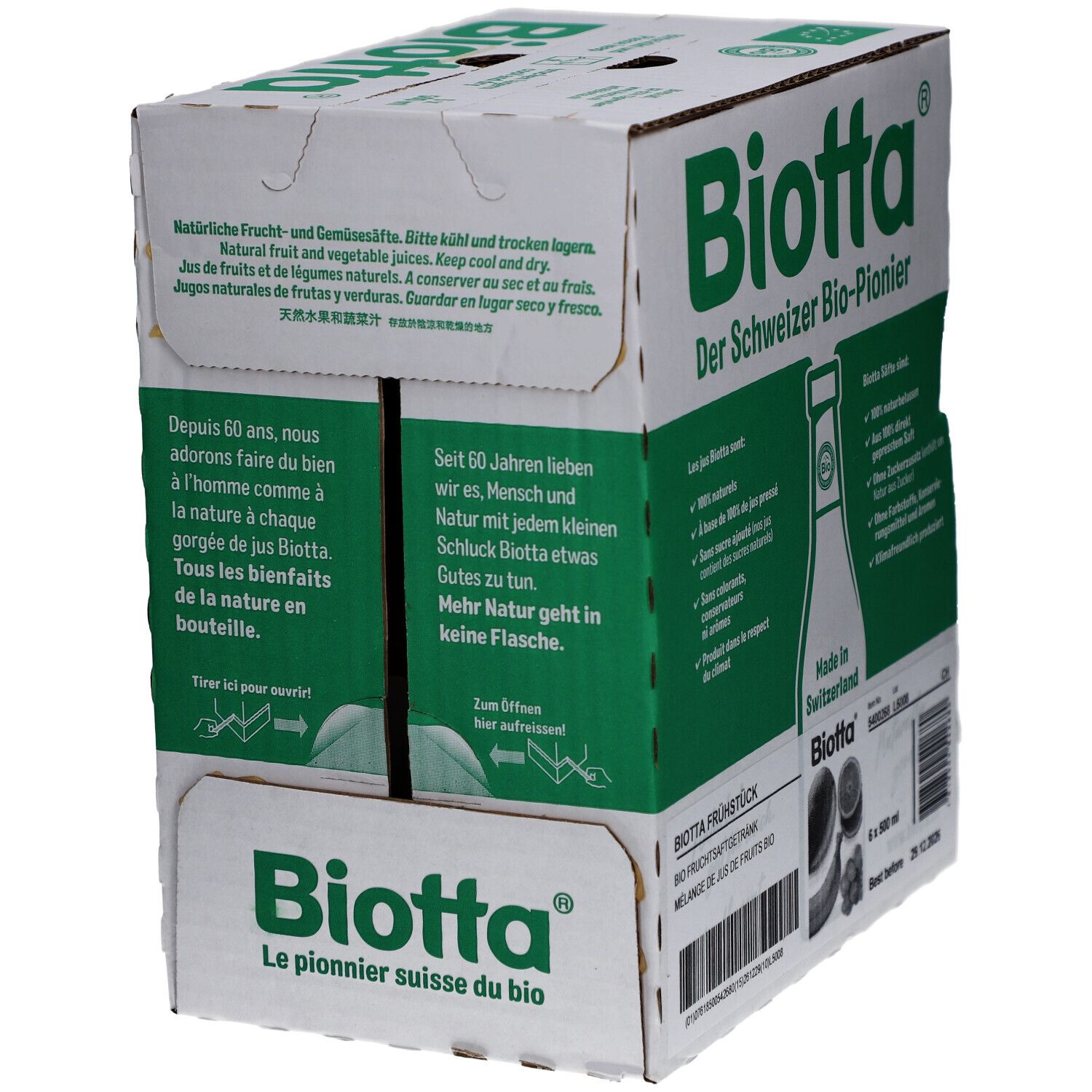 Carton de BIOTTA Frühstück Bio. Emballage vert et blanc. Texte en allemand, français et autres langues. Instructions d'ouverture.