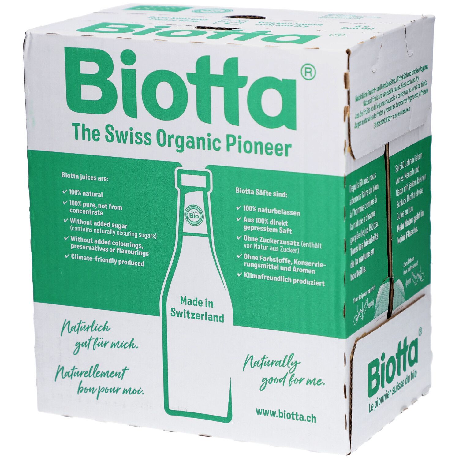Carton de BIOTTA Frühstück Bio. Emballage vert et blanc. Texte en allemand et anglais. Avec illustration d'une bouteille.