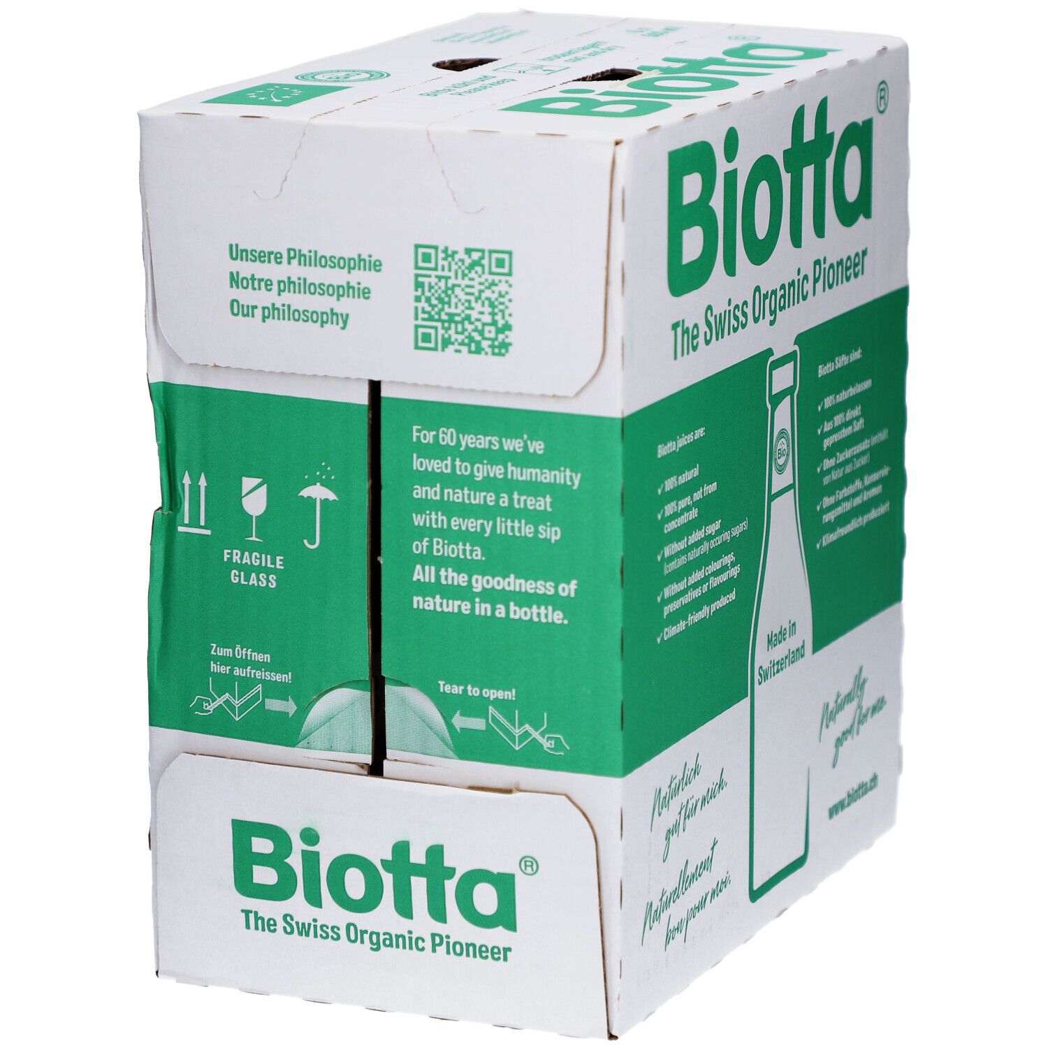 Carton de BIOTTA Frühstück Bio. Emballage vert et blanc. Texte en allemand et anglais. Avec code QR et instructions d'ouverture.