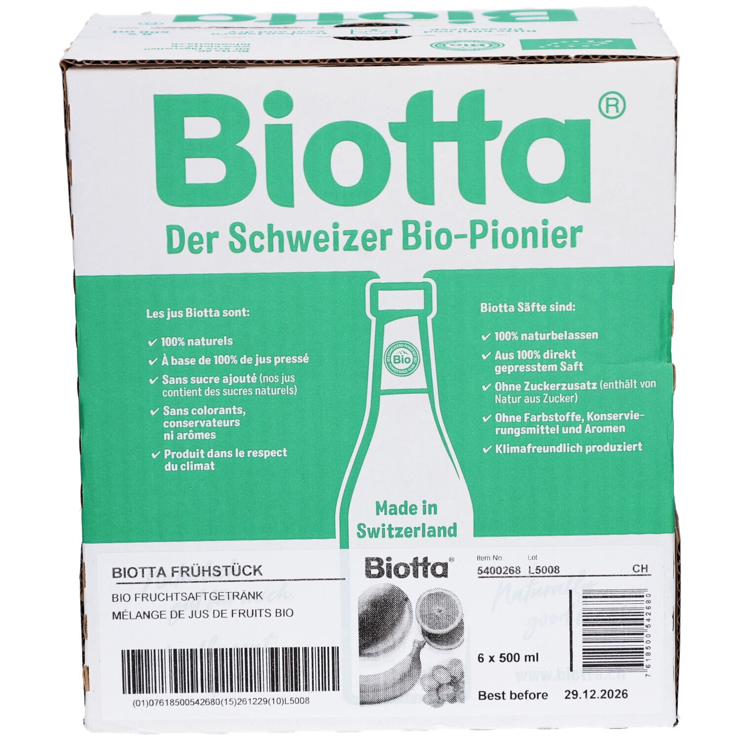 Carton de BIOTTA Frühstück Bio. Emballage vert et blanc. Contient 6 bouteilles de 500 ml. Date de péremption : 29.12.2026.