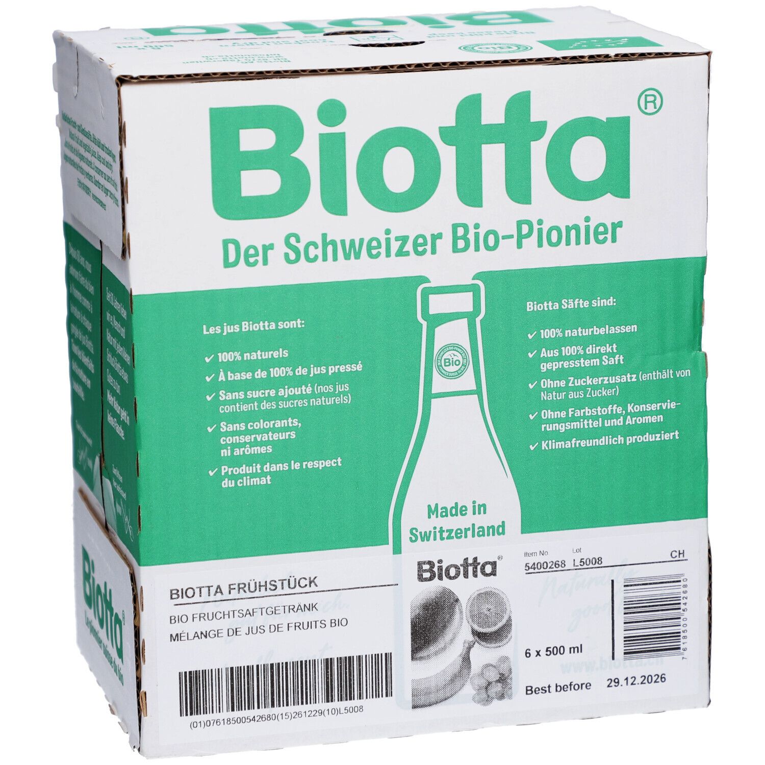 Carton de BIOTTA Frühstück Bio. Emballage vert et blanc. Contient 6 bouteilles de 500 ml. Date de péremption : 29.12.2026.